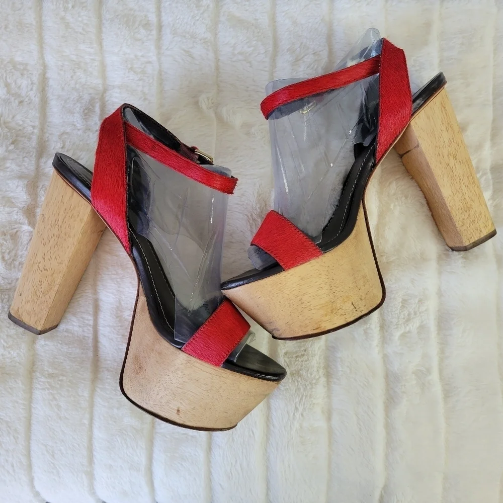REPORT SIGNATURE // red calf hair upper wooden platform ankle strap block heels